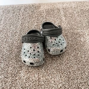 Toddler size 4 sparkle crocs, black with white and iridescent glitter
